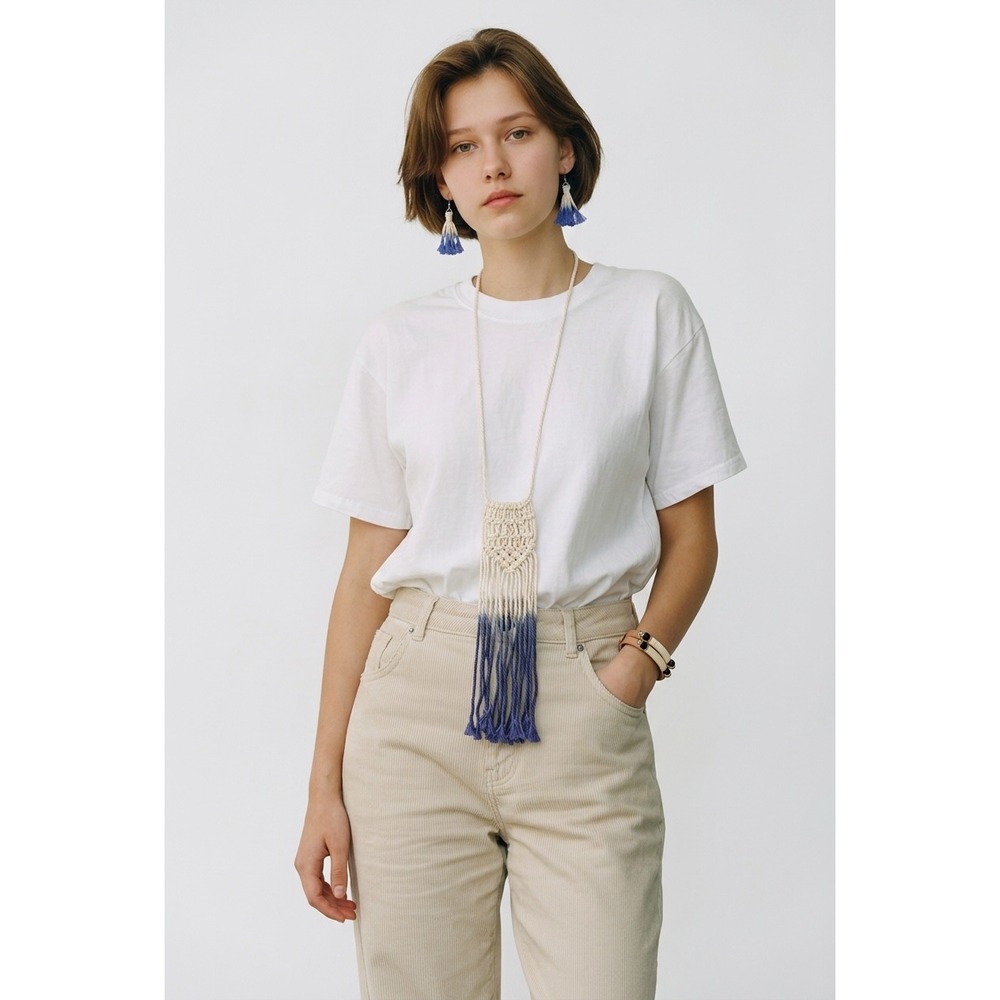 Paparazzi Macrame Fringe Necklace Set Blue Ombre Tassel Earrings Tan Bracelet